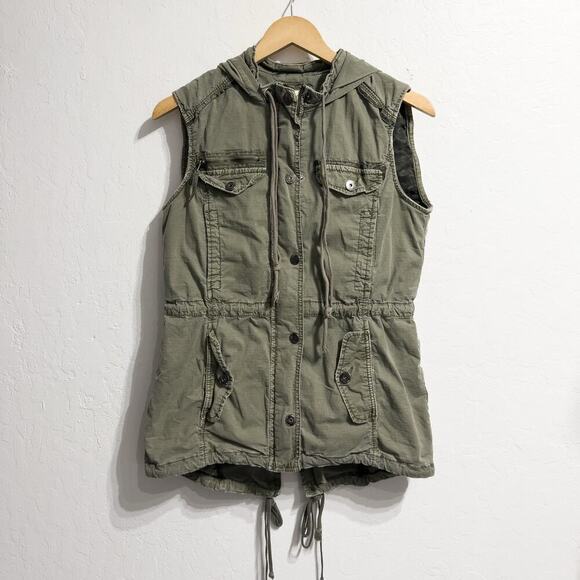Marrakech Vest Small Utility Army Hood Zip Snap Green Anthropologie Camo - Picture 1 of 10